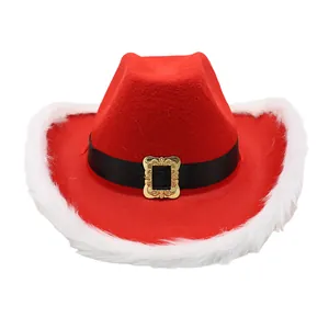 Kerst Rood Western Cowboyhoed Met Witte Nepbont Trim En Zwarte Decoratieve Band Gouden Gesp Kerstman Feest Kostuum Hoed