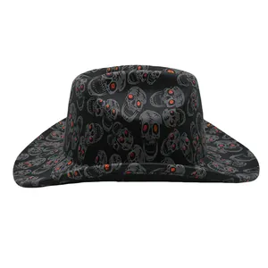 Black western cowboy hat with grey skull prints and red glitter sequin eye details