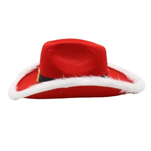 Feestelijke rode cowboyhoed met witte imitatiebontrand en gouden embleem voor Kerstmis