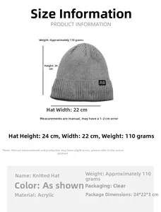 Detaillierte Größenangaben für eine graue Strickmütze aus warmem Acrylmaterial