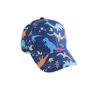 Navy blue kids baseball cap with colorful dinosaur prints and six-panel cotton design