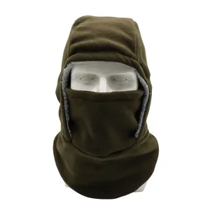 Close-up of olive green fleece balaclava with thick gray thermal lining on a mannequin