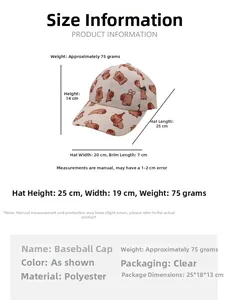 Detaillierte Größentabelle für die beige Capybara-Baseballkappe mit Materialangaben