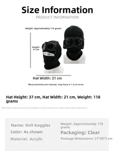 Detailed size chart for windproof knit beanie with goggles showing 37x21cm dimensions