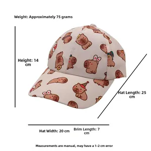 Detaillierte Größentabelle für die beige Capybara Kinder-Basecap mit Abmessungen