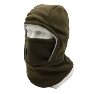 Detail of olive green balaclava showing thick fleece lining and windproof face shield cover