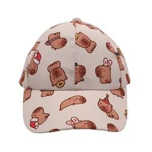 Cute beige kids baseball cap featuring various animated cartoon capybara prints