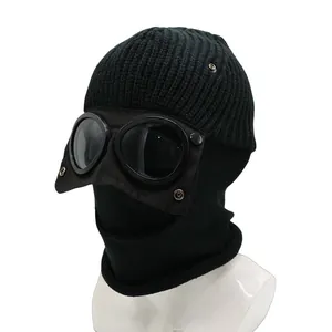 Black knit balaclava mask with integrated goggles for winter windproof outdoor protection