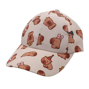 Kids' capybara print baseball cap with cute cartoon animal patterns on beige canvas fabric