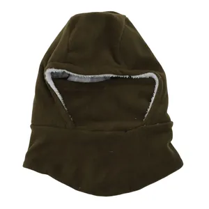 Detail of brown fleece balaclava featuring soft white faux fur lining for winter warmth