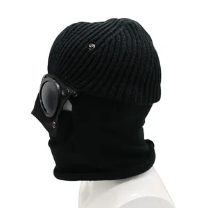 Black knit balaclava with integrated windproof goggles for outdoor winter sports