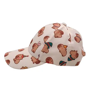 Side view of pink baseball cap featuring colorful all-over cartoon capybara prints