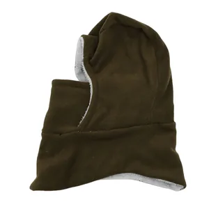 Detailed close-up of winter balaclava hood featuring thick olive fabric and soft fleece lining