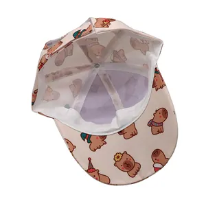 Detail view of pink Capybara print kids baseball cap showing internal stitching and sweatband