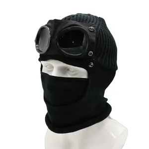 Detail showing high-quality black windproof knit balaclava with integrated goggles