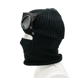 Detail view of the knitted balaclava with integrated goggles and warm neck coverage