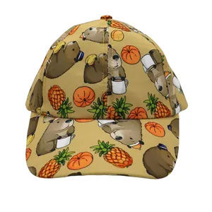 Kids baseball cap with cute cartoon capybara print in khaki canvas for boys and girls