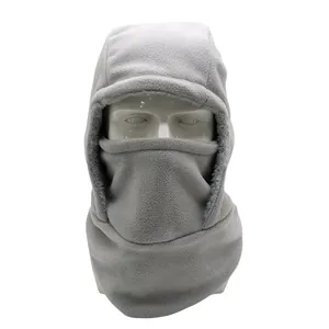 Close-up of light grey fleece winter balaclava hood showing thick windproof texture