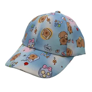 Kids' blue and pink gradient baseball cap with cute cartoon capybara prints