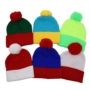 Color Block Knitted Beanie Hat With Pom Pom Winter Warm Acrylic Crochet Skull Cap For Christmas Party Men Women