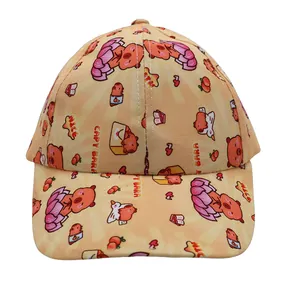 Detailed view of khaki kids baseball cap with cute cartoon Capybara pattern prints