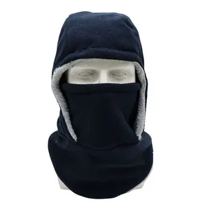 Detail of blue thermal balaclava with thick grey fleece lining for extreme winter warmth
