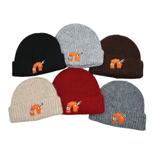 Cute Cartoon Cat Embroidery Beanie Hat Winter Warm Acrylic Knit Hat With COOL Letter Patch Folded Cuff Skull Cap For Men Women