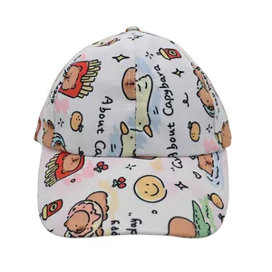 Detailed view of kids' capybara print baseball cap with cute cartoon patterns