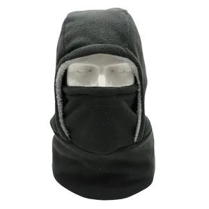 Detail of winter thermal balaclava showing thick grey fleece lining and windproof material