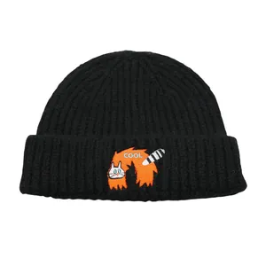 Black knit beanie with cute cat embroidery and COOL text for winter warmth