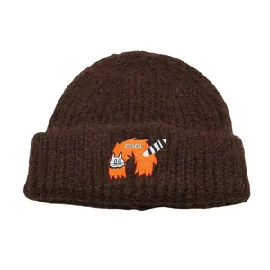 Cute cartoon cat embroidery warm knit beanie in dark brown with a fluffy wool texture