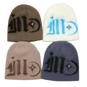 Streetwear Gothic Letter Print Knit Beanie For Men Women Winter Warm Ribbed Skull Cap With Metal Star Rivet Fashion Hat