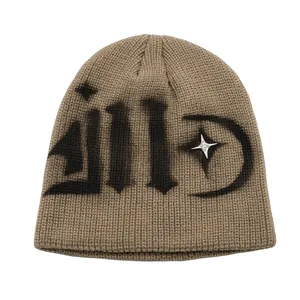 Street style khaki ribbed knit beanie with gothic letters and silver star ornament