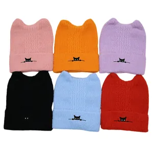 Winter Cat Ear Knitted Beanie Hat Cute Cartoon Cat Embroidery Warm Wool Skull Cap Pullover For Women Men