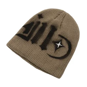 Street style khaki ribbed knit beanie with gothic letters and silver star ornament