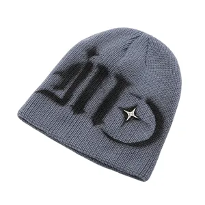 Grey ribbed knit beanie featuring gothic JD lettering and a silver metal star detail