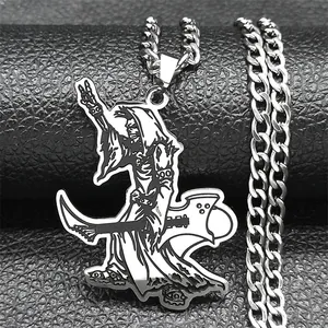 Close-up of gothic grim reaper playing electric guitar pendant with punk curb chain