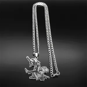 Macro detail of gothic stainless steel grim reaper pendant on heavy metal chain necklace