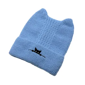 Detail of light blue knit beanie featuring cute cat ear shapes and cat face embroidery