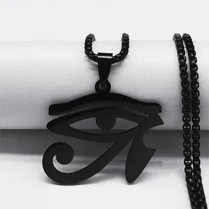 Black Eye of Horus pendant necklace in matte stainless steel on a white display stand