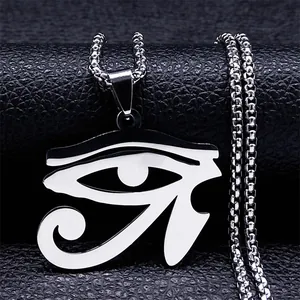 Polished silver stainless steel Eye of Horus pendant necklace on black leather surface
