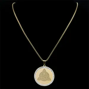 Golden stainless steel Triquetra necklace with crystal inlay and mystic symbols