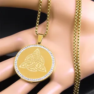 Gold stainless steel Triquetra pendant necklace with sparkling rhinestones and engravings