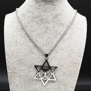 Vintage stainless steel necklace featuring a hollow star and Menorah pendant on grey stand