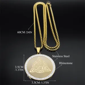Gold stainless steel Triquetra pendant necklace with crystals and symbolic engravings