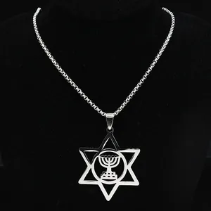 Polished stainless steel necklace featuring a hollow Star of David and Menorah pendant