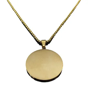 Polished gold stainless steel round disc pendant necklace with a sleek bead chain