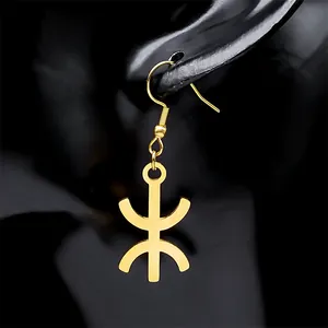 Ethnic Berber Yaz symbol earrings in polished gold stainless steel for women