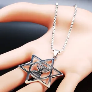 Close-up of stainless steel necklace with hexagram and menorah pendant on hand