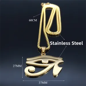 Golden stainless steel Eye of Horus pendant necklace with detailed size measurements